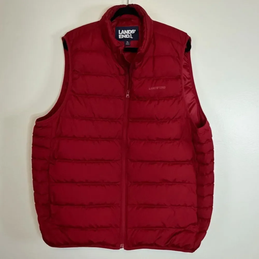 Lands' End Puffer Down Vest Mens XL 46 - 48 Burgundy Full Zip Outdoor Pockets